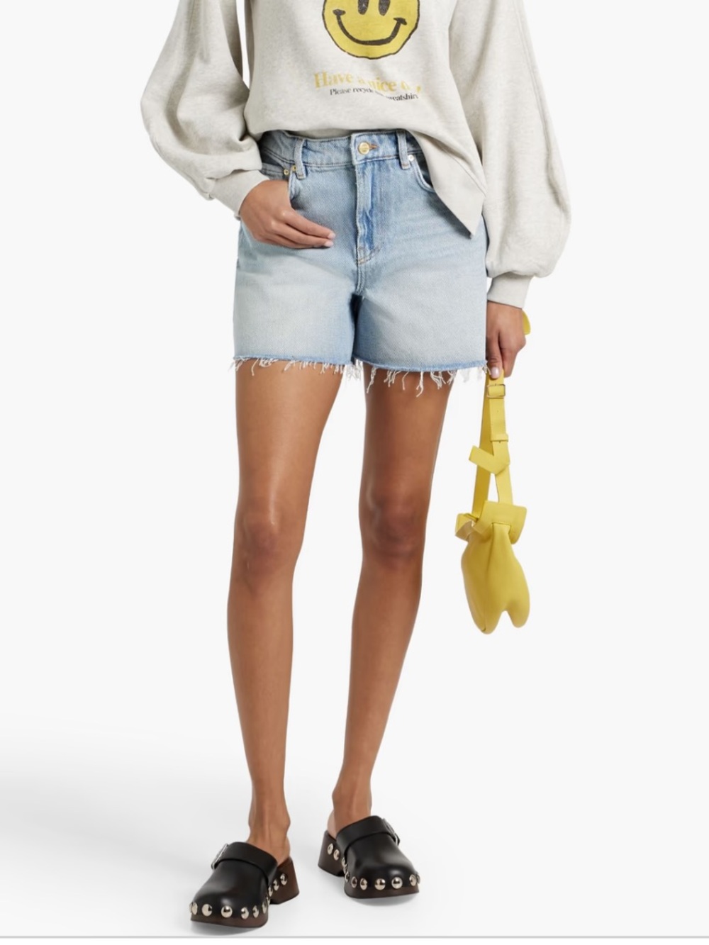 NWOT GANNI designer light wash loose fit frayed denim jean shorts size 26